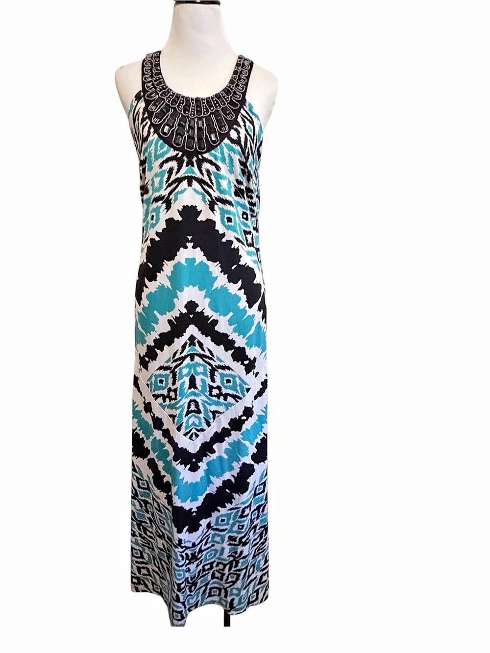 INC International Concepts Turquoise & Black Beaded Neckline Ikat maxi dress